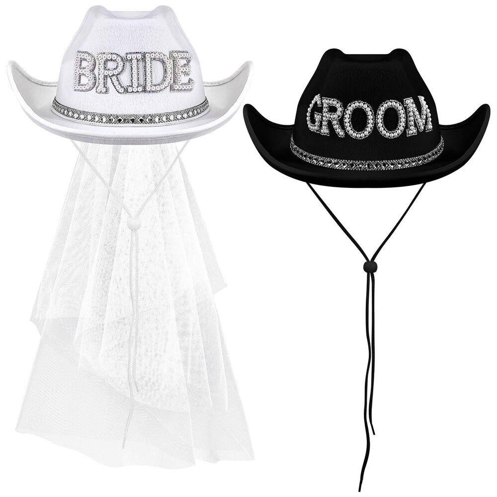 7624 2 Pcs Bride Cowgirl Hat with Veil Feathers Black Groom Cowboy Hats